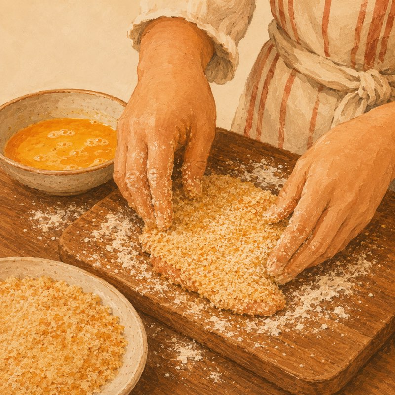 Ilustración de unas manos empanando una milanesa casera sobre una tabla de madera enharinada