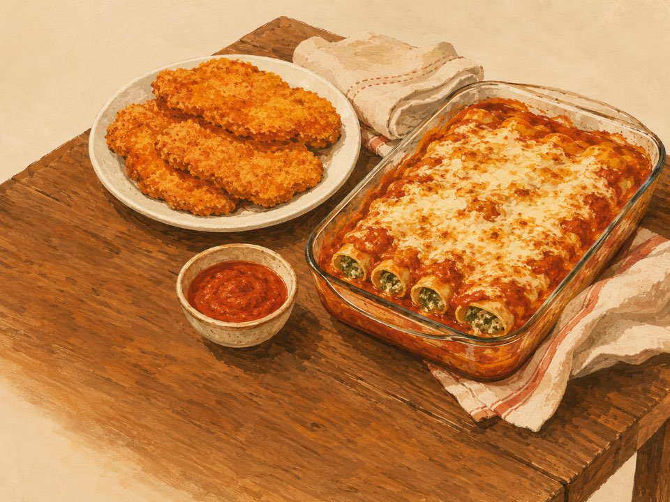 Ilustración de canelones de verdura recién horneados con salsa y muzzarella, junto a un plato de milanesas caseras sobre una mesa de madera