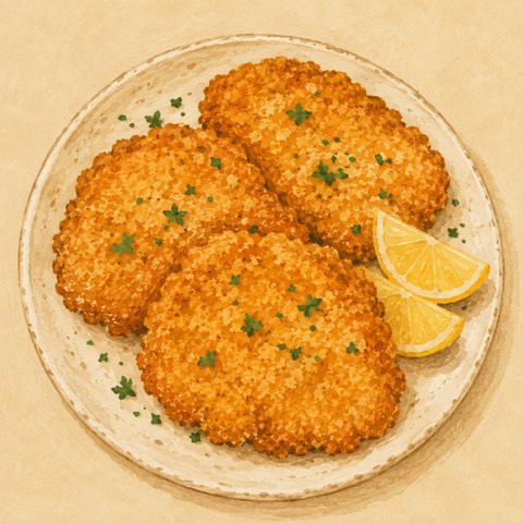 Ilustración de tres milanesas de pollo doradas con gajos de limón y perejil